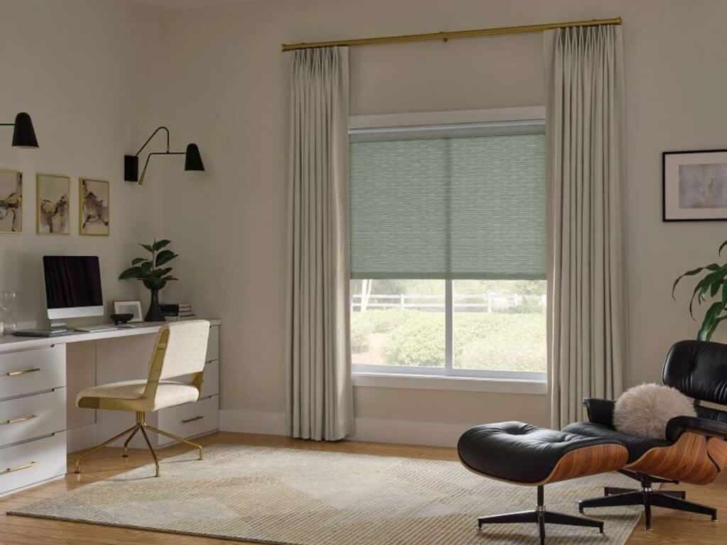 Horizons Roller Shades with Drapes in Home Office